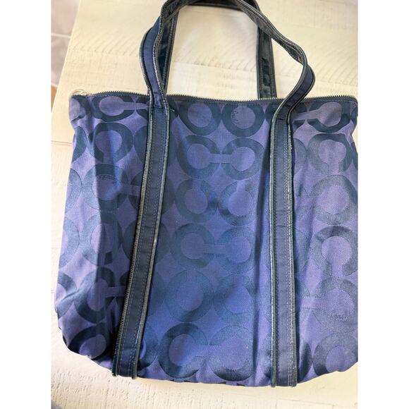 Coach "Poppy" Blue Signature Jacquard Tote Bag with Dual Zippered Pockets - Picture 2 of 6